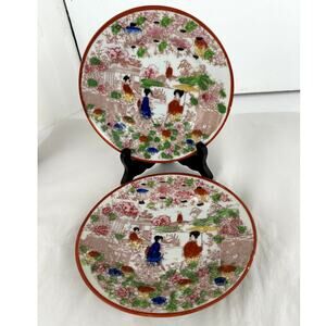 Japanese Antique China Two 7 In. Plates Geisha Floral Structures 1921-1941